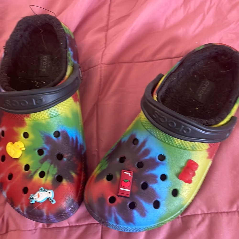 Rainbow fuzzy crocs